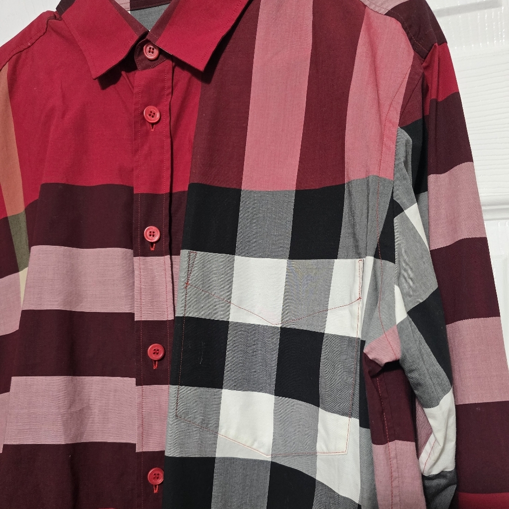 Burberry Check Stretch Cotton Poplin Shirt Red Multicolor Long Sleeve. Large - Picture 3 of 11